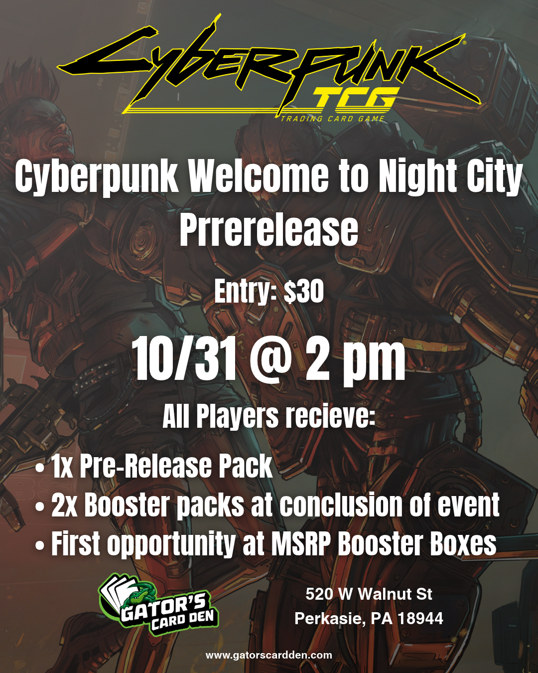 Cyberpunk TCG Welcome to Night City Prerelease - 10/31/2026 @ 2:00 PM